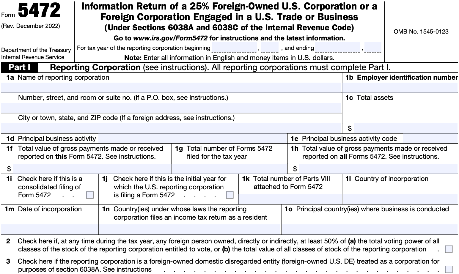 IRS Form 5472 — Part I Reporting Corporation (Rev. December 2022)