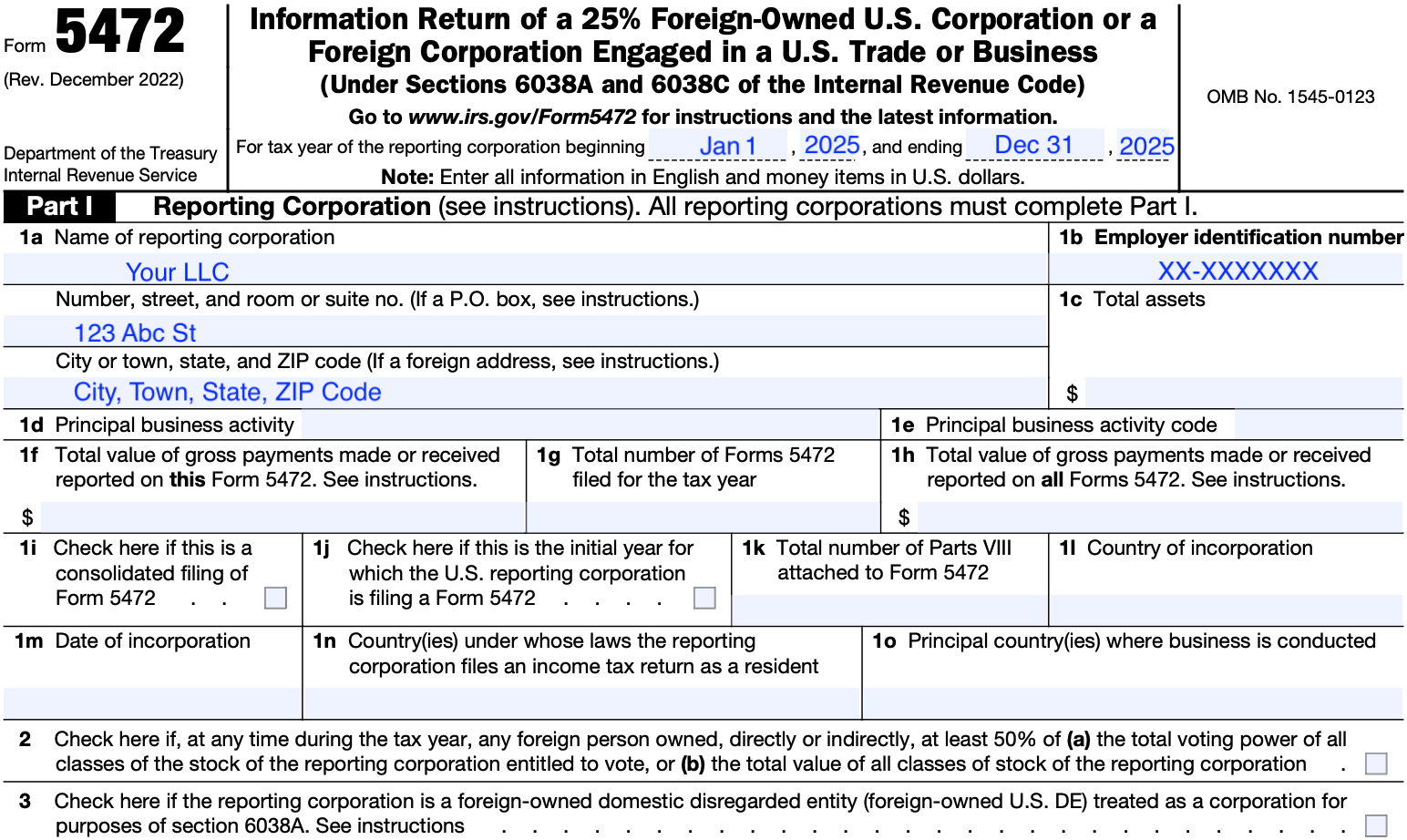 IRS Form 5472 — Part I Reporting Corporation (Rev. December 2022)
